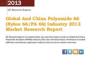 2013
QY Research Reports

Global And China Polyamide 66
(Nylon 66/PA 66) Industry 2013
Market Research Report
QY Research Reports included market size, share & analysis trends on Global And China
Polyamide 66 (Nylon 66PA66) Industry 2013 also introduced basic information included
definition classification application industry chain structure industry overview

 