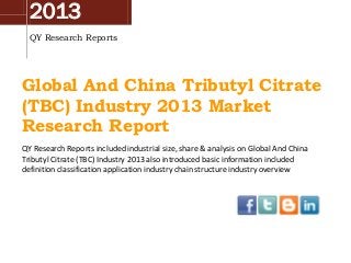 2013
QY Research Reports
Global And China Tributyl Citrate
(TBC) Industry 2013 Market
Research Report
QY Research Reports included industrial size, share & analysis on Global And China
Tributyl Citrate (TBC) Industry 2013 also introduced basic information included
definition classification application industry chain structure industry overview
 