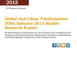 2013
QY Research Reports

Global And China Triethylamine
(TEA) Industry 2013 Market
Research Report
QY Research Reports included market size, share & analysis trends on Global And China
Triethylamine (TEA) Industry 2013 also introduced basic information included definition
classification application industry chain structure industry overview

 