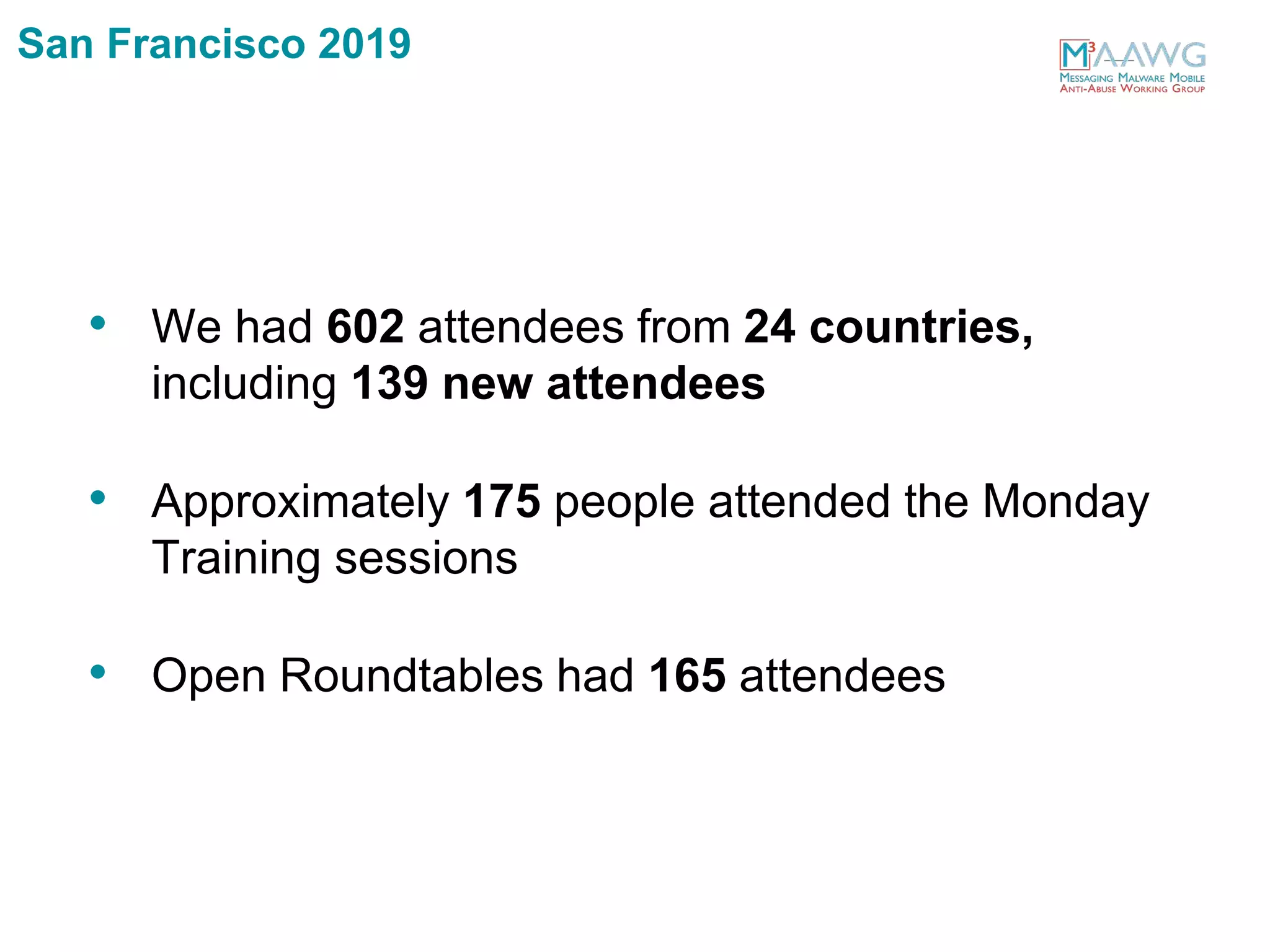 San Francisco 2019
• We had 602 attendees from 24 countries,
including 139 new attendees
• Approximately 175 people attended the Monday
Training sessions
• Open Roundtables had 165 attendees
 