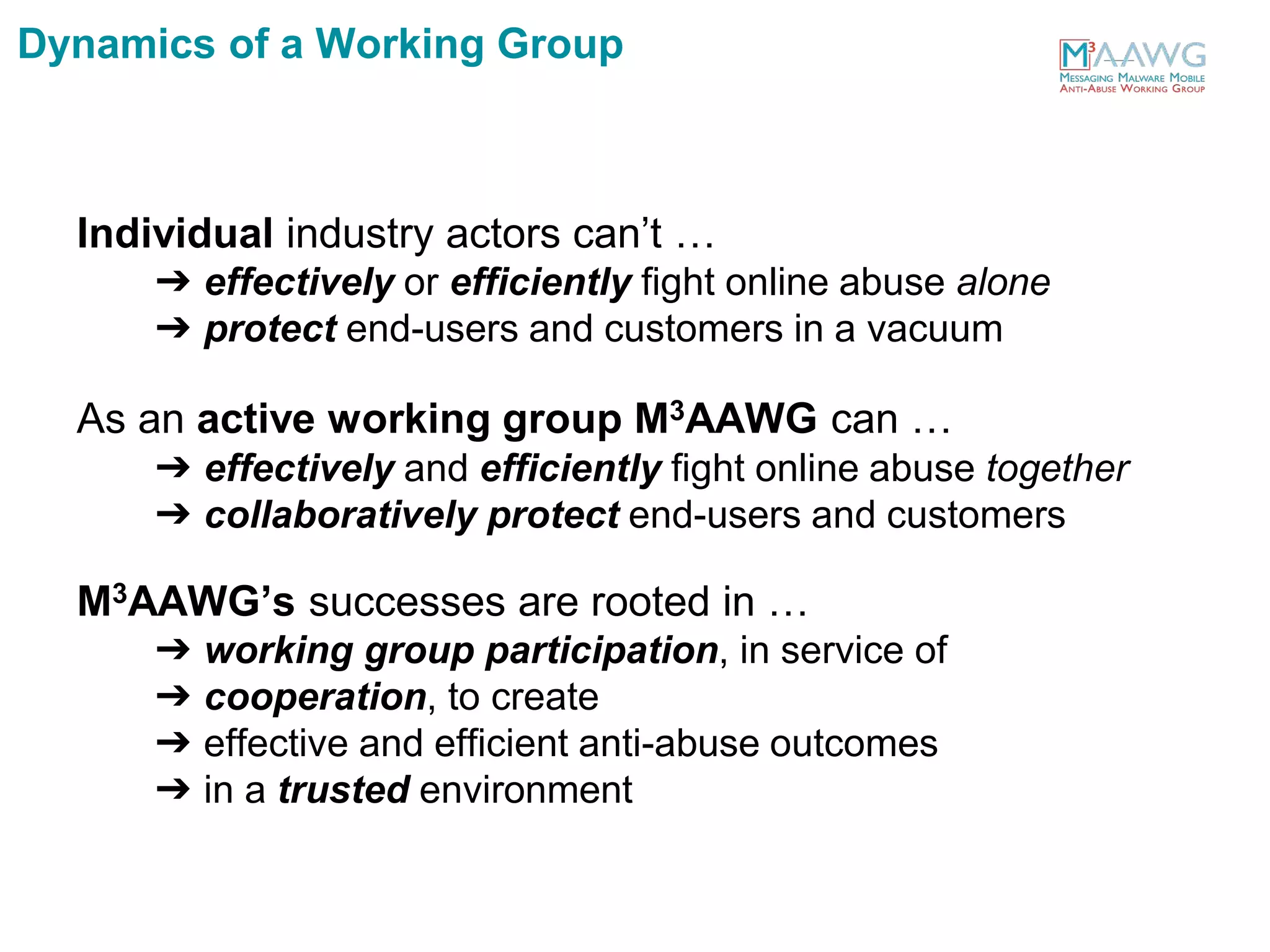 Individual industry actors can’t …
➔ effectively or efficiently fight online abuse alone
➔ protect end-users and customers in a vacuum
As an active working group M3AAWG can …
➔ effectively and efficiently fight online abuse together
➔ collaboratively protect end-users and customers
M3AAWG’s successes are rooted in …
➔ working group participation, in service of
➔ cooperation, to create
➔ effective and efficient anti-abuse outcomes
➔ in a trusted environment
Dynamics of a Working Group
 