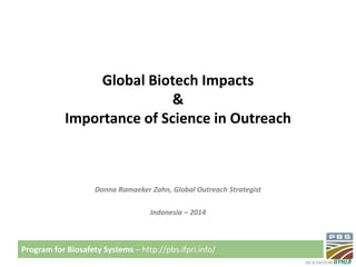 Program for Biosafety Systems – http://pbs.ifpri.info/ 
Global Biotech Impacts 
& 
Importance of Science in Outreach 
Donna Ramaeker Zahn, Global Outreach Strategist 
Indonesia – 2014 
 