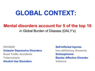 <ul><li>Mental disorders account for 5 of the top 10   </li></ul><ul><li>in Global Burden of Disease (DALY’s) </li></ul>GL...