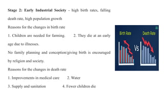 Stage 2: Early Industrial Society - high birth rates, falling
death rate, high population growth
Reasons for the changes in birth rate
1. Children are needed for farming. 2. They die at an early
age due to illnesses.
No family planning and conception/giving birth is encouraged
by religion and society.
Reasons for the changes in death rate
1. Improvements in medical care 2. Water
3. Supply and sanitation 4. Fewer children die
 