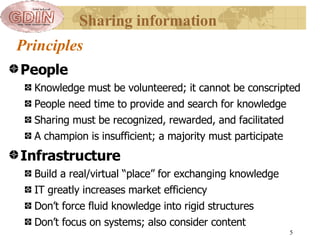 Principles People Knowledge must be volunteered; it cannot be conscripted People need time to provide and search for knowledge Sharing must be recognized, rewarded, and facilitated A champion is insufficient; a majority must participate Infrastructure Build a real /virtual  “place” for exchanging knowledge IT greatly increases market efficiency Don’t force fluid knowledge into rigid structures Don’t focus on systems; also consider content Sharing information 