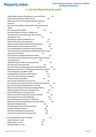 Find Industry reports, Company profiles
ReportLinker                                                                                  and Market Statistics
                                              >> Get this Report Now by email!

     Splash Media Introduces Video Based E-Learning Platform                       116
     Unified Learning Rolls Out CBSETutor.com                              116
     DepEd along with Intel Technology Philippines Introduces
     skoool'.ph                                         117
     NIIT and Fourier Systems Introduce NIIT eGuru Smart Science
     Station                                            117
     NIIT Introduces NIIT eGURU                                  118
     SumTotal® Systems Launches ToolBook® 9.5                                   118
     Articulate Launches Articulate Studio '09 e-Learning
     Development Tools                                        119
     GeoLearning Launches GeoMaestro 5.3.2                                 119
     CIGNA Introduces E-Learning Modules                                  119
     Mzinga Launches Firefly Collaborative Authoring Suite                      120
     Adobe Systems Unveils Acrobat Connect Pro                              120
     The Knowledge-Mart Unveils New e-Learning Solution                          121
     The New Hampshire Small Business Development Center Unveils
     New e-Learning Solution                                    121
     CTO Introduces iLearn@cto Web-based Solution                               121
     InfoTrends Unveils Customized Communications Sales Training e
     -learning Solution                                   122
     SACHEM Unveils 2-D HPLC e-Learning Service                                  122
     ICSI Introduces e-Learning Portal                              122
     SQL Star Introduces thelearningport.Com e-Learning Portal                    122
     Blackboard Unveils New K-12 Professional Development Solution                      123
     Trivantis Releases CourseMill 5.0 LMS                            123
     KnowledgePlanet Introduces Firefly Publisher                          123
     Learn.com Unveils FormFlow' Framework                                 123
     Trivantis Unveils Lectora 2008                             123
     Epic Launches New Rapid e-Learning Tool                               124
     Epic Develops e-Learning Programme for Social Care Workforce                       124
     Epic and Learning Pool Develop Modern Councillor                           124
     NetDimensions Releases Enterprise Knowledge Platform                          124
     Netlearning Offers E-Learning to Japanese Firms                        125
     Epic and ESN Develop e-Learning for EU                               125
     Kenyan Government Introduces E-Learning in Schools                           125
     Dubai eGovernment Launches eManager                                    125
     SumTotal Releases New Version of s LMS Suite                            125
     Blackboard Introduces the Blackboard Outcomes System                          125
     Blackboard Releases Scholar                                    126
     Articulate Global Introduces Articulate Online                   126
     Voyager Unleashes VmathLive                                     126
     Brainvisa Unveils Rapid e-Learning Suite                         126
     India's First Cross-Cultural e-Learning Portal                   126


 14. FOCUS ON SELECT KEY PLAYERS                                                 127
     Adobe Systems Inc. (US)                                    127
     Apollo Group, Inc. (US)                                  127
     Articulate Global, Inc. (US)                             127



Global eLEARNING Industry (From Slideshare)                                                                              Page 12/20
 