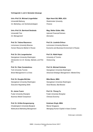 SMBS - University of Salzburg Business School; ©2017
- 22 -
Vortragende 3. und 4. Semester (Auszug)
Univ.-Prof. Dr. Michael Lingenfelder
Universität Marburg
Int. Marketing- und Vertriebsstrategien
Bijan Hesni BA, MBA, ACA
Westminster University
Finance
Univ.-Prof. Dr. Bernhard Swoboda
Universität Trier
Int. Management
Mag. Stefan Gütter, MSc
Aybrook Financial Partners
Derivative
Prof. Dr. Tatiana Razumova
Lomonosov University Moscow
Human Resource Market in Russia
Prof. Dr. Liudmila Chihun
Lomonosov University Moscow
Economic and Business Environment in Russia
Prof. Dr. Eric Langenbacher
Georgetown University Washington
Introduction to U.S. Society, Markets, and Poli-
tics
Prof. Dr. Walid Hejazi
University of Toronto
Outsourcing
Prof. Dr. Peter Constantinou
York University Toronto
Brand Management in a Crisis
Prof. Dr. Michael Czinkota
Georgetown University Washington
Advanced Strategic Management—Market Entry
Prof. Dr. Douglas McCabe
Georgetown University Washington
Executive Negotiating Skills
Mike Mears, MBA
Georgetown University Washington
Good Bosses, Bad Bosses
Dr. James Yuann
Fudan University Shanghai
Business Model Comparison
Prof. Dr. Yihong Yu
Fudan University Shanghai
Chinese Economy
Prof. Dr. Kritika Kongsompong
Chulalongkorn University Bangkok
Multicultural Marketing Management
Kulshaan Singh, MBA
Mercer Singapore
Managing Human Capital in Asian Context
Änderungen vorbehalten
 