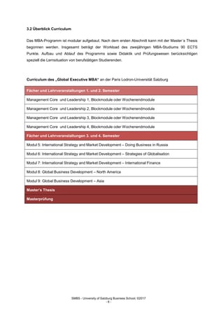 SMBS - University of Salzburg Business School; ©2017
- 6 -
3.2 Überblick Curriculum
Das MBA-Programm ist modular aufgebaut. Nach dem ersten Abschnitt kann mit der Master´s Thesis
begonnen werden. Insgesamt beträgt der Workload des zweijährigen MBA-Studiums 90 ECTS
Punkte. Aufbau und Ablauf des Programms sowie Didaktik und Prüfungswesen berücksichtigen
speziell die Lernsituation von berufstätigen Studierenden.
Curriculum des „Global Executive MBA“ an der Paris Lodron-Universität Salzburg
Fächer und Lehrveranstaltungen 1. und 2. Semester
Management Core und Leadership 1, Blockmodule oder Wochenendmodule
Management Core und Leadership 2, Blockmodule oder Wochenendmodule
Management Core und Leadership 3, Blockmodule oder Wochenendmodule
Management Core und Leadership 4, Blockmodule oder Wochenendmodule
Fächer und Lehrveranstaltungen 3. und 4. Semester
Modul 5: International Strategy and Market Development – Doing Business in Russia
Modul 6: International Strategy and Market Development – Strategies of Globalisation
Modul 7: International Strategy and Market Development – International Finance
Modul 8: Global Business Development – North America
Modul 9: Global Business Development – Asia
Master’s Thesis
Masterprüfung
 