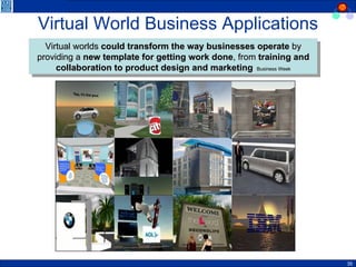 Virtual World Business Applications Virtual worlds  could transform the way businesses operate  by providing a  new template for getting work done , from  training and collaboration to product design and marketing   Business Week 