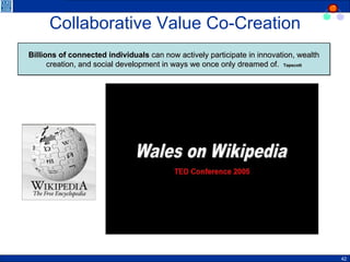 Collaborative Value Co-Creation Billions of connected individuals  can now actively participate in innovation, wealth creation, and social development in ways we once only dreamed of.  Tapscott 