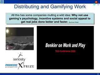 Distributing and Gamifying Work All this has some companies mulling a wild idea:  Why not use gaming’s psychology, incentive systems and social appeal to get real jobs done better and faster.   Business Week Video Clip (Crater Recognition) 
