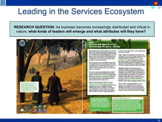 Leading in the Services Ecosystem Source: GIO 2.0, p. 21, 22 RESEARCH QUESTION:  As business becomes increasingly distributed and virtual in nature,  what kinds of leaders will emerge and what attributes will they have?   