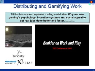 Distributing and Gamifying Work All this has some companies mulling a wild idea:  Why not use gaming’s psychology, incenti...