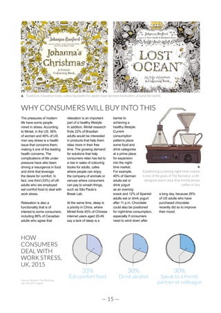 — 15 —
WHY CONSUMERS WILL BUY INTO THIS
The pressures of modern
life have some people
mired in stress. According
to Mintel, in the US, 56%
of women and 46% of US
men say stress is a health
issue that concerns them,
making it one of the leading
health concerns. The
complications of life under
pressure have also been
driving a resurgence in food
and drink that leverage
the desire for comfort. In
fact, one third (33%) of UK
adults who are employed
eat comfort food to deal with
work stress.
Relaxation is also a
functionality that is of
interest to some consumers,
including 88% of Canadian
adults who agree that
relaxation is an important
part of a healthy lifestyle.
In addition, Mintel research
finds 22% of Brazilian
adults would be interested
in products that help them
relax more in their free
time. The growing demand
for solutions that help
consumers relax has led to
a rise in sales of colouring
books for adults, cafes
where people can enjoy
the company of animals or
venues where consumers
can pay to smash things,
such as São Paulo’s
Break Lab.
At the same time, sleep is
a priority in China, where
Mintel finds 45% of Chinese
internet users aged 20-49
say a lack of sleep is a
barrier to
achieving a
healthy lifestyle.
Current
consumption
patterns place
some food and
drink categories
at a prime place
for expansion
into the night-
time market.
For example,
40% of German
adults eat or
drink yogurt
as an evening
snack and 12% of Spanish
adults eat or drink yogurt
after 11 p.m. Chocolate
could also be positioned
for night-time consumption,
especially if consumers
need to wind down after
a long day, because 26%
of US adults who have
purchased chocolate
recently did so to improve
their mood.
Touted as relaxation tools, colouring books for adults have become bestsellers around the world.
Establishing a calming night-time routine
is one of the goals of The Barisieur, a UK-
designed alarm clock that freshly brews
coffee or tea.
Source: Mintel’s The Working
Life UK 2015 report
HOW
CONSUMERS
DEAL WITH
WORK STRESS,
UK, 2015
33%
Eat comfort food
30%
Speak to a friend,
partner or colleague
30%
Drink alcohol
 