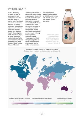 — 07 —
WHERENEXT?
In 2017, the priority
for plants will drive an
acceleration in new
products and marketing
that casts plants in
starring roles. Plant-based
innovations provide new
directions for existing
products or categories, as
is the case with botanical-
based, non-alcoholic
distilled spirit Seedlip in
the UK. The spotlight on
plants also can be playful,
as shown in Brazilian
retailer Hortifruti’s Netflix
parodies starring fruits and
vegetables such as the
“House of Cards” parody
“House of Carrots”.
Technology will also play a
part, both to ensure there is
ample supply of plants and
to create plant-enhanced
foods that deliver on
taste, which is especially
important for the flexitarian
audience. The Chilean
start-up Not Company, for
example, uses artificial
intelligence to develop
plant-based alternatives to
animal products including
milk, mayonnaise,
yogurt and cheese.
The company’s artificial
intelligence algorithm is
said to understand food
at a molecular level as
well as human taste and
texture preferences,
leading to products such
as Not Milk, which is made
with almonds, peas, rice,
nuts, linseed, coconut
and vanilla.
Chilean start-up Not
Company employs
artificial intelligence to
formulate plant-based
alternatives, such as the
non-dairy Not Milk.
Emerging (still on the fringe or front end) Mainstreaming (gaining wider traction) Established (hitting a plateau)
LOW ACTIVITY HIGH ACTIVITY LOW ACTIVITY HIGH ACTIVITY LOW ACTIVITY HIGH ACTIVITY
Where are the opportunities for Power to the Plants?
Find out where this trend is in its life cycle around the world
 