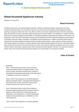 Find Industry reports, Company profiles
ReportLinker                                                                        and Market Statistics
                                             >> Get this Report Now by email!



Global Household Appliances Industry
Published on January 2012

                                                                                                               Report Summary

The global outlook series on Household Appliances provides a collection of statistical anecdotes, market briefs, and concise
summaries of research findings. The report offers a bird's eye view of the structure of the global household appliances industry,
providing an easy guide to What, Why, When, How, Where, and Who of an industry. Illustrated with about 16 fact-rich market data
tables, the report also provides a rudimentary insight into major product markets, definitions, and classification, in addition to the fast
facts about the ongoing consolidation among retailers, the intensifying competition brought about by the ingress of new entrants, new
opportunities in Asia, the impact of technology, changing consumer preferences and other noteworthy trends/issues. Also included is
a compilation of all recent mergers, acquisitions, and strategic corporate developments. In addition to the global market scenario, a
regional level of discussion designed to provide a prelude to prevalent market scenarios in major countries, culminate in building a
macro-level perception of the industry in its totality. Regional markets briefly abstracted include North America, United States, Mexico,
Japan, Europe, Germany, Italy, the UK, Rest of Europe, Asia, China, India, Indonesia, Philippines, Singapore, South Korea, Taiwan,
Thailand, Vietnam, Latin America, Argentina, Brazil, Chile, Venezuela, Dominican Republic, and others. The report also includes an
indexed, easy-to-refer, fact-finder directory listing the addresses, and contact details of 772 companies worldwide.




                                                                                                                Table of Content




 1. OVERVIEW                                              1
     Table 1: World Recent Past, Current & Future Analysis for
     Household Appliances Market by Geographic Region - North
     America, Europe, Asia-Pacific (including Japan), and Rest of
     World Markets Independently Analyzed with Annual Sales Figures
     in US$ Billion for Years 2010 through 2015                    2


     Table 2: World 5-Year Perspective for Household Appliances
     Market by Geographic Region - Percentage Share Breakdown of
     Value Sales for US, Europe, Asia-Pacific (including Japan),
     and Rest of World for the Years 2011 and 2015                     3


     Table 3: World Recent Past, Current & Future Analysis for
     Household Appliances Market by Product Segment: Washing
     Appliances, Water Heating & Air Conditioning Equipment,
     Refrigerators, Cooking Appliances, and Others Independently
     Analyzed with Annual Sales Figures in US$ Billion for Years
     2010 through 2015                                    4


     Table 4: World 5-Year Perspective for Household Appliances



Global Household Appliances Industry (From Slideshare)                                                                              Page 1/10
 