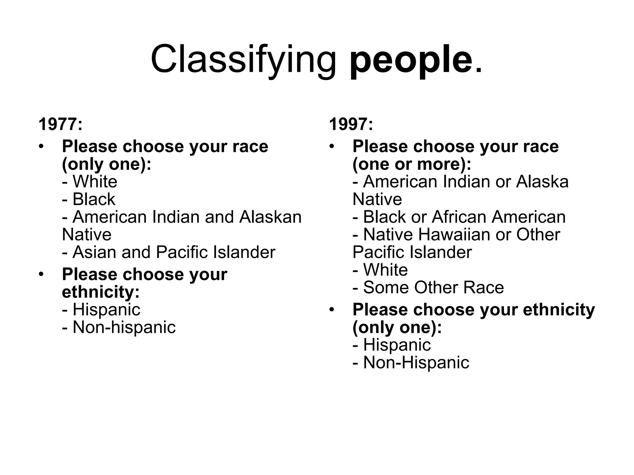 Classifying  people . 1977:  Please choose your race (only one): - White - Black - American Indian and Alaskan Native - Asian and Pacific Islander Please choose your ethnicity: - Hispanic - Non-hispanic  1997:  Please choose your race (one or more): - American Indian or Alaska Native - Black or African American - Native Hawaiian or Other Pacific Islander - White - Some Other Race Please choose your ethnicity (only one): - Hispanic - Non-Hispanic  
