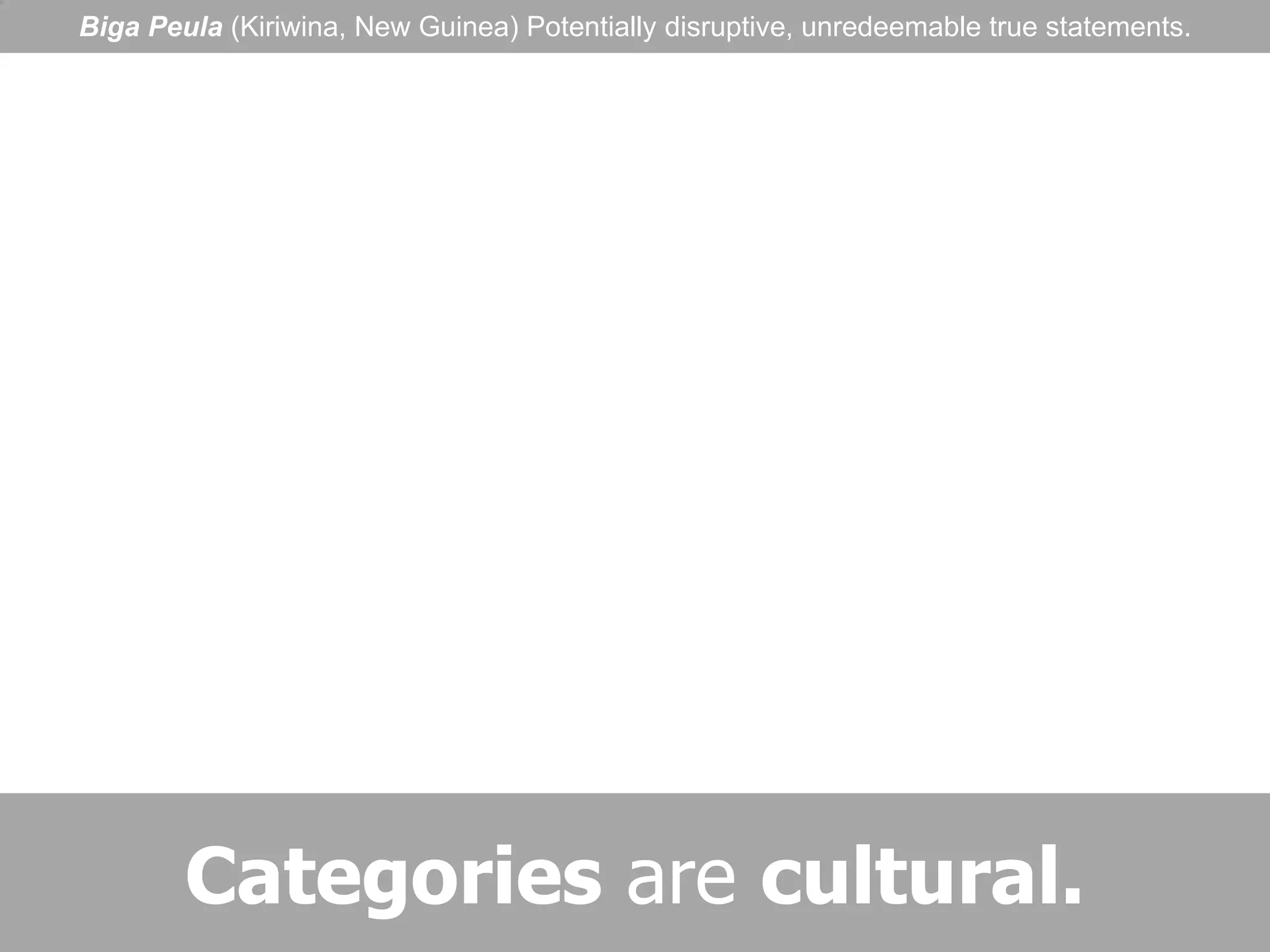 Categories  are  cultural. Biga Peula  (Kiriwina, New Guinea) Potentially disruptive, unredeemable true statements. 