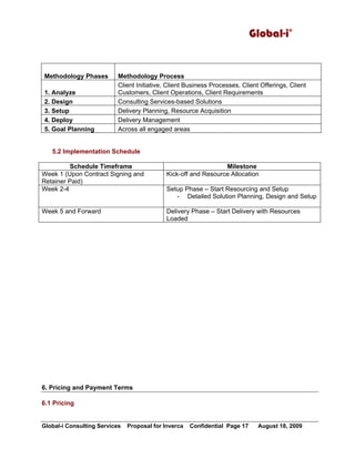 Global-i©
Global-i Consulting Services Proposal for Inverca Confidential Page 17 August 18, 2009
Methodology Phases Methodology Process
1. Analyze
Client Initiative, Client Business Processes, Client Offerings, Client
Customers, Client Operations, Client Requirements
2. Design Consulting Services-based Solutions
3. Setup Delivery Planning, Resource Acquisition
4. Deploy Delivery Management
5. Goal Planning Across all engaged areas
5.2 Implementation Schedule
Schedule Timeframe Milestone
Week 1 (Upon Contract Signing and
Retainer Paid)
Kick-off and Resource Allocation
Week 2-4 Setup Phase – Start Resourcing and Setup
- Detailed Solution Planning, Design and Setup
Week 5 and Forward Delivery Phase – Start Delivery with Resources
Loaded
6. Pricing and Payment Terms
6.1 Pricing
 