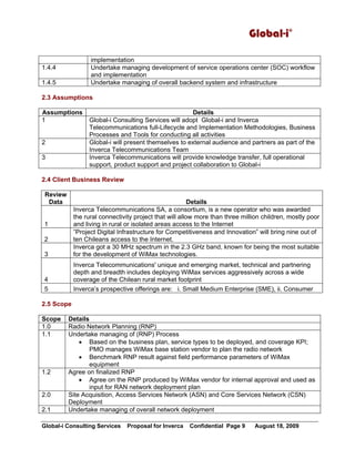 Global-i©
Global-i Consulting Services Proposal for Inverca Confidential Page 9 August 18, 2009
implementation
1.4.4 Undertake managing development of service operations center (SOC) workflow
and implementation
1.4.5 Undertake managing of overall backend system and infrastructure
2.3 Assumptions
Assumptions Details
1 Global-i Consulting Services will adopt Global-i and Inverca
Telecommunications full-Lifecycle and Implementation Methodologies, Business
Processes and Tools for conducting all activities
2 Global-i will present themselves to external audience and partners as part of the
Inverca Telecommunications Team
3 Inverca Telecommunications will provide knowledge transfer, full operational
support, product support and project collaboration to Global-i
2.4 Client Business Review
Review
Data Details
1
Inverca Telecommunications SA, a consortium, is a new operator who was awarded
the rural connectivity project that will allow more than three million children, mostly poor
and living in rural or isolated areas access to the Internet
2
”Project Digital Infrastructure for Competitiveness and Innovation” will bring nine out of
ten Chileans access to the Internet.
3
Inverca got a 30 MHz spectrum in the 2.3 GHz band, known for being the most suitable
for the development of WiMax technologies.
4
Inverca Telecommunications' unique and emerging market, technical and partnering
depth and breadth includes deploying WiMax services aggressively across a wide
coverage of the Chilean rural market footprint
5 Inverca’s prospective offerings are: i. Small Medium Enterprise (SME), ii. Consumer
2.5 Scope
Scope Details
1.0 Radio Network Planning (RNP)
1.1 Undertake managing of (RNP) Process
• Based on the business plan, service types to be deployed, and coverage KPI;
PMO manages WiMax base station vendor to plan the radio network
• Benchmark RNP result against field performance parameters of WiMax
equipment
1.2 Agree on finalized RNP
• Agree on the RNP produced by WiMax vendor for internal approval and used as
input for RAN network deployment plan
2.0 Site Acquisition, Access Services Network (ASN) and Core Services Network (CSN)
Deployment
2.1 Undertake managing of overall network deployment
 