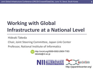 Working with Global
Infrastructure at a National Level
Hideaki Takeda
Chair, Joint Steering Committee, Japan Link Center
Professor, National Institute of Informatics
http://japanlinkcenter.org/
1Joint Global Infrastructure Conference (ORCID/Crossref/DataCite), June 15, Seoul, South Korea
http://orcid.org/0000-0002-2909-7163
takeda@nii.ac.jp
 