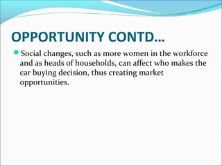 OPPORTUNITY CONTD… 
Social changes, such as more women in the workforce 
and as heads of households, can affect who makes the 
car buying decision, thus creating market 
opportunities. 
 