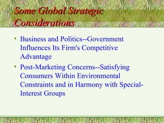 Some Global Strategic Considerations Business and Politics--Government Influences Its Firm's Competitive Advantage Post-Marketing Concerns--Satisfying Consumers Within Environmental Constraints and in Harmony with Special-Interest Groups 