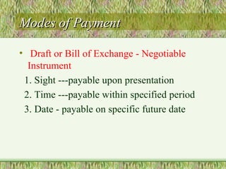 Modes of Payment Draft or Bill of Exchange - Negotiable Instrument 1. Sight ---payable upon presentation 2. Time ---payable within specified period 3. Date - payable on specific future date 