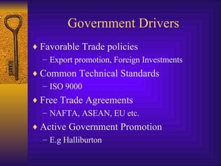 Government Drivers Favorable Trade policies Export promotion, Foreign Investments Common Technical Standards ISO 9000 Free Trade Agreements NAFTA, ASEAN, EU etc. Active Government Promotion E.g Halliburton  