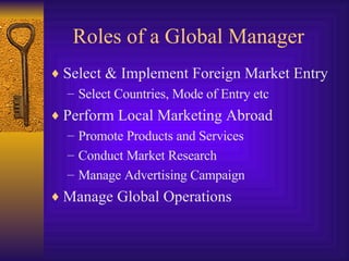 Roles of a Global Manager Select & Implement Foreign Market Entry Select Countries, Mode of Entry etc Perform Local Marketing Abroad Promote Products and Services Conduct Market Research Manage Advertising Campaign Manage Global Operations 