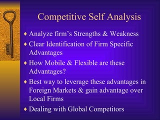 Competitive Self Analysis Analyze firm’s Strengths & Weakness Clear Identification of Firm Specific Advantages How Mobile & Flexible are these Advantages? Best way to leverage these advantages in Foreign Markets & gain advantage over Local Firms Dealing with Global Competitors 