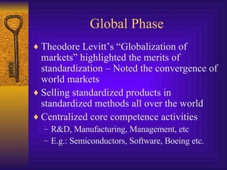 Global Phase Theodore Levitt’s “Globalization of markets” highlighted the merits of standardization – Noted the convergence of world markets Selling standardized products in  standardized methods all over the world Centralized core competence activities R&D, Manufacturing, Management, etc E.g.: Semiconductors, Software, Boeing etc. 
