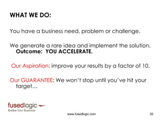WHAT WE DO: You have a business need, problem or challenge. We generate a rare idea and implement the solution.  Outcome:  YOU ACCELERATE. Our Aspiration:  improve your results by a factor of 10. Our GUARANTEE : We won’t stop until you’ve hit your target… 