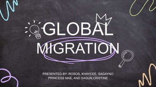 GLOBAL
MIGRATION
PRESENTED BY: ROSOS, KHAYCEE, SAGAYNO
PRINCESS MAE, AND SAGUN,CRISTINE
 