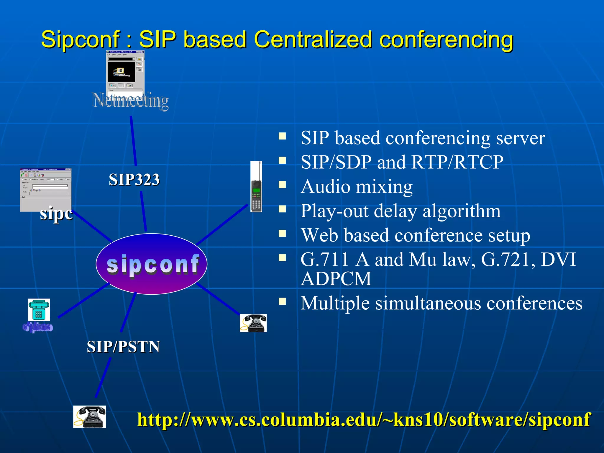 Sipconf : SIP based Centralized conferencing http://www.cs.columbia.edu/~kns10/software/sipconf SIP based conferencing server SIP/SDP and RTP/RTCP Audio mixing Play-out delay algorithm Web based conference setup G.711 A and Mu law, G.721, DVI ADPCM Multiple simultaneous conferences sipc sipconf e*phone SIP323 Netmeeting SIP/PSTN 