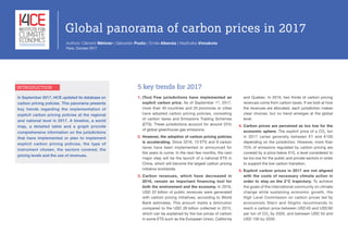 In September 2017, I4CE updated its database on
carbon pricing policies. This panorama presents
key trends regarding the implementation of
explicit carbon pricing policies at the regional
and national level in 2017. A timeline, a world
map, a detailed table and a graph provide
comprehensive information on the jurisdictions
that have implemented or plan to implement
explicit carbon pricing policies, the type of
instrument chosen, the sectors covered, the
pricing levels and the use of revenues.
5 key trends for 2017
1. (Too) Few jurisdictions have implemented an
explicit carbon price. As of September 1st
, 2017,
more than 40 countries and 25 provinces or cities
have adopted carbon pricing policies, consisting
of carbon taxes and Emissions Trading Schemes
(ETS). These jurisdictions account for around 25%
of global greenhouse gas emissions.
2. However, the adoption of carbon pricing policies
is accelerating. Since 2016, 10 ETS and 8 carbon
taxes have been implemented or announced for
the years to come. In the next few months, the next
major step will be the launch of a national ETS in
China, which will become the largest carbon pricing
initiative worldwide.
3. Carbon revenues, which have decreased in
2016, remain an important financing tool for
both the environment and the economy. In 2016,
USD 22 billion of public revenues were generated
with carbon pricing initiatives, according to World
Bank estimates. This amount marks a diminution
compared to the USD 26 billion collected in 2015,
which can be explained by the low prices of carbon
in some ETS such as the European Union, California
and Quebec. In 2016, two thirds of carbon pricing
revenues come from carbon taxes. If we look at how
the revenues are allocated, each jurisdiction makes
clear choices, but no trend emerges at the global
level.
4. Carbon prices are perceived as too low for the
economic sphere. The explicit price of a CO2
ton
in 2017 varies generally between €1 and €100
depending on the jurisdiction. However, more than
75% of emissions regulated by carbon pricing are
covered by a price below €10, a level considered to
be too low for the public and private sectors in order
to support the low carbon transition.
5. Explicit carbon prices in 2017 are not aligned
with the costs of necessary climate action in
order to stay on the 2°C trajectory. To achieve
the goals of the international community on climate
change while sustaining economic growth, the
High Level Commission on carbon prices led by
economists Stern and Stiglitz recommends to
reach a carbon price between USD 40 and USD 80
per ton of CO2
by 2020, and between USD 50 and
USD 100 by 2030.
INTRODUCTION
Global panorama of carbon prices in 2017
Authors: Clément Métivier | Sébastien Postic | Emilie Alberola | Madhulika Vinnakota.
Paris, October 2017
 