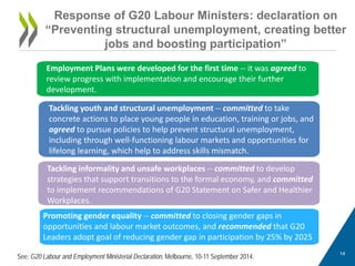 Promoting gender equality -- committed to closing gender gaps in opportunities and labour market outcomes, and recommended that G20 Leaders adopt goal of reducing gender gap in participation by 25% by 2025 
Response of G20 Labour Ministers: declaration on “Preventing structural unemployment, creating better jobs and boosting participation” 
Employment Plans were developed for the first time -- it was agreed to review progress with implementation and encourage their further development. 
Tackling informality and unsafe workplaces -- committed to develop strategies that support transitions to the formal economy, and committed to implement recommendations of G20 Statement on Safer and Healthier Workplaces. 
Tackling youth and structural unemployment -- committed to take concrete actions to place young people in education, training or jobs, and 
agreed to pursue policies to help prevent structural unemployment, including through well-functioning labour markets and opportunities for lifelong learning, which help to address skills mismatch. 14 
See: G20 Labour and Employment Ministerial Declaration, Melbourne, 10-11 September 2014.  