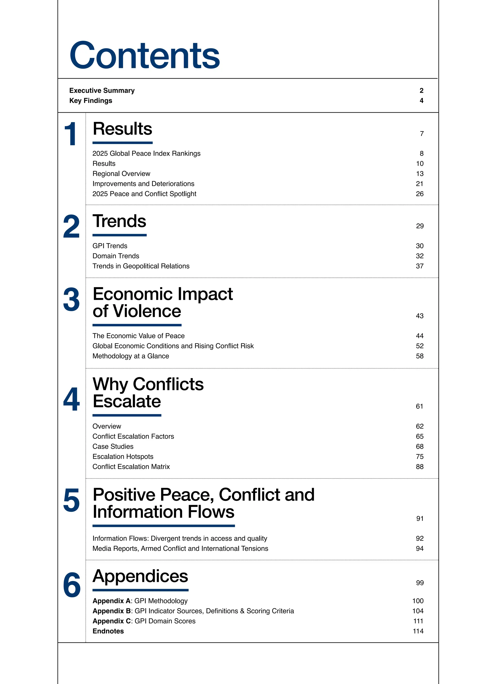 Contents
Results
Trends
Economic Impact
of Violence
Why Conflicts
Escalate
Positive Peace, Conflict and
Information Flows
Appendices
7
29
43
61
91
99
1 2025 Global Peace Index Rankings 8
Results 10
Regional Overview 13
Improvements and Deteriorations 21
2025 Peace and Conflict Spotlight 26
GPI Trends 30
Domain Trends 32
Trends in Geopolitical Relations 37
The Economic Value of Peace 44
Global Economic Conditions and Rising Conflict Risk 52
Methodology at a Glance 58
Overview 62
Conflict Escalation Factors 65
Case Studies 68
Escalation Hotspots 75
Conflict Escalation Matrix 88
Information Flows: Divergent trends in access and quality 92
Media Reports, Armed Conflict and International Tensions 94
Appendix A: GPI Methodology 100
Appendix B: GPI Indicator Sources, Definitions & Scoring Criteria 104
Appendix C: GPI Domain Scores 111
Endnotes 114
Executive Summary		 2
Key Findings		 4
2
3
4
5
6
 