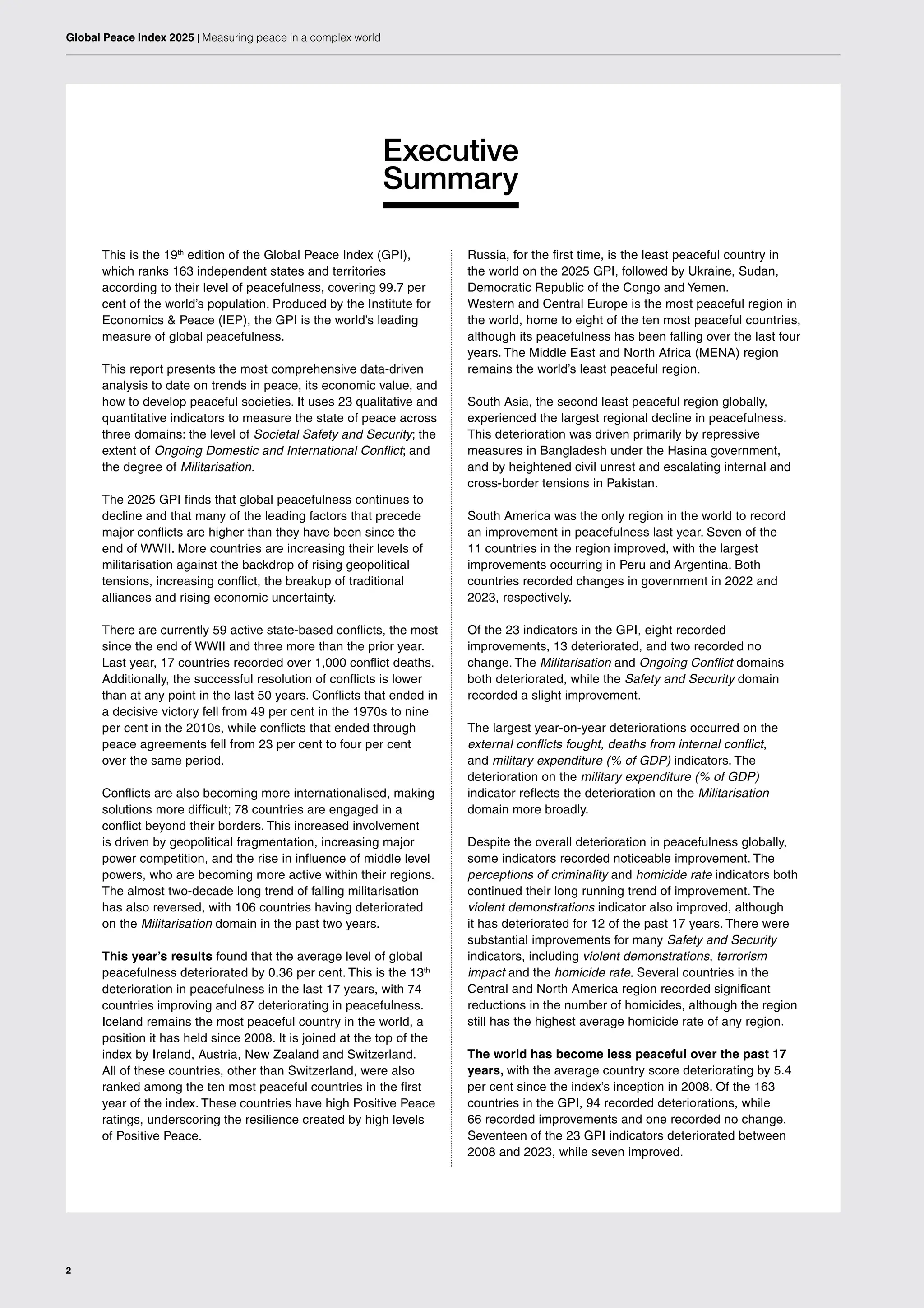 2
Global Peace Index 2025 | Measuring peace in a complex world
Executive
Summary
This is the 19th
edition of the Global Peace Index (GPI),
which ranks 163 independent states and territories
according to their level of peacefulness, covering 99.7 per
cent of the world’s population. Produced by the Institute for
Economics & Peace (IEP), the GPI is the world’s leading
measure of global peacefulness.
This report presents the most comprehensive data-driven
analysis to date on trends in peace, its economic value, and
how to develop peaceful societies. It uses 23 qualitative and
quantitative indicators to measure the state of peace across
three domains: the level of Societal Safety and Security; the
extent of Ongoing Domestic and International Conflict; and
the degree of Militarisation.
The 2025 GPI finds that global peacefulness continues to
decline and that many of the leading factors that precede
major conflicts are higher than they have been since the
end of WWII. More countries are increasing their levels of
militarisation against the backdrop of rising geopolitical
tensions, increasing conflict, the breakup of traditional
alliances and rising economic uncertainty.
There are currently 59 active state-based conflicts, the most
since the end of WWII and three more than the prior year.
Last year, 17 countries recorded over 1,000 conflict deaths.
Additionally, the successful resolution of conflicts is lower
than at any point in the last 50 years. Conflicts that ended in
a decisive victory fell from 49 per cent in the 1970s to nine
per cent in the 2010s, while conflicts that ended through
peace agreements fell from 23 per cent to four per cent
over the same period.
Conflicts are also becoming more internationalised, making
solutions more difficult; 78 countries are engaged in a
conflict beyond their borders. This increased involvement
is driven by geopolitical fragmentation, increasing major
power competition, and the rise in influence of middle level
powers, who are becoming more active within their regions.
The almost two-decade long trend of falling militarisation
has also reversed, with 106 countries having deteriorated
on the Militarisation domain in the past two years.
This year’s results found that the average level of global
peacefulness deteriorated by 0.36 per cent. This is the 13th
deterioration in peacefulness in the last 17 years, with 74
countries improving and 87 deteriorating in peacefulness.
Iceland remains the most peaceful country in the world, a
position it has held since 2008. It is joined at the top of the
index by Ireland, Austria, New Zealand and Switzerland.
All of these countries, other than Switzerland, were also
ranked among the ten most peaceful countries in the first
year of the index. These countries have high Positive Peace
ratings, underscoring the resilience created by high levels
of Positive Peace.
Russia, for the first time, is the least peaceful country in
the world on the 2025 GPI, followed by Ukraine, Sudan,
Democratic Republic of the Congo and Yemen.
Western and Central Europe is the most peaceful region in
the world, home to eight of the ten most peaceful countries,
although its peacefulness has been falling over the last four
years. The Middle East and North Africa (MENA) region
remains the world’s least peaceful region.
South Asia, the second least peaceful region globally,
experienced the largest regional decline in peacefulness.
This deterioration was driven primarily by repressive
measures in Bangladesh under the Hasina government,
and by heightened civil unrest and escalating internal and
cross-border tensions in Pakistan.
South America was the only region in the world to record
an improvement in peacefulness last year. Seven of the
11 countries in the region improved, with the largest
improvements occurring in Peru and Argentina. Both
countries recorded changes in government in 2022 and
2023, respectively.
Of the 23 indicators in the GPI, eight recorded
improvements, 13 deteriorated, and two recorded no
change. The Militarisation and Ongoing Conflict domains
both deteriorated, while the Safety and Security domain
recorded a slight improvement.
The largest year-on-year deteriorations occurred on the
external conflicts fought, deaths from internal conflict,
and military expenditure (% of GDP) indicators. The
deterioration on the military expenditure (% of GDP)
indicator reflects the deterioration on the Militarisation
domain more broadly.
Despite the overall deterioration in peacefulness globally,
some indicators recorded noticeable improvement. The
perceptions of criminality and homicide rate indicators both
continued their long running trend of improvement. The
violent demonstrations indicator also improved, although
it has deteriorated for 12 of the past 17 years. There were
substantial improvements for many Safety and Security
indicators, including violent demonstrations, terrorism
impact and the homicide rate. Several countries in the
Central and North America region recorded significant
reductions in the number of homicides, although the region
still has the highest average homicide rate of any region.
The world has become less peaceful over the past 17
years, with the average country score deteriorating by 5.4
per cent since the index’s inception in 2008. Of the 163
countries in the GPI, 94 recorded deteriorations, while
66 recorded improvements and one recorded no change.
Seventeen of the 23 GPI indicators deteriorated between
2008 and 2023, while seven improved.
 