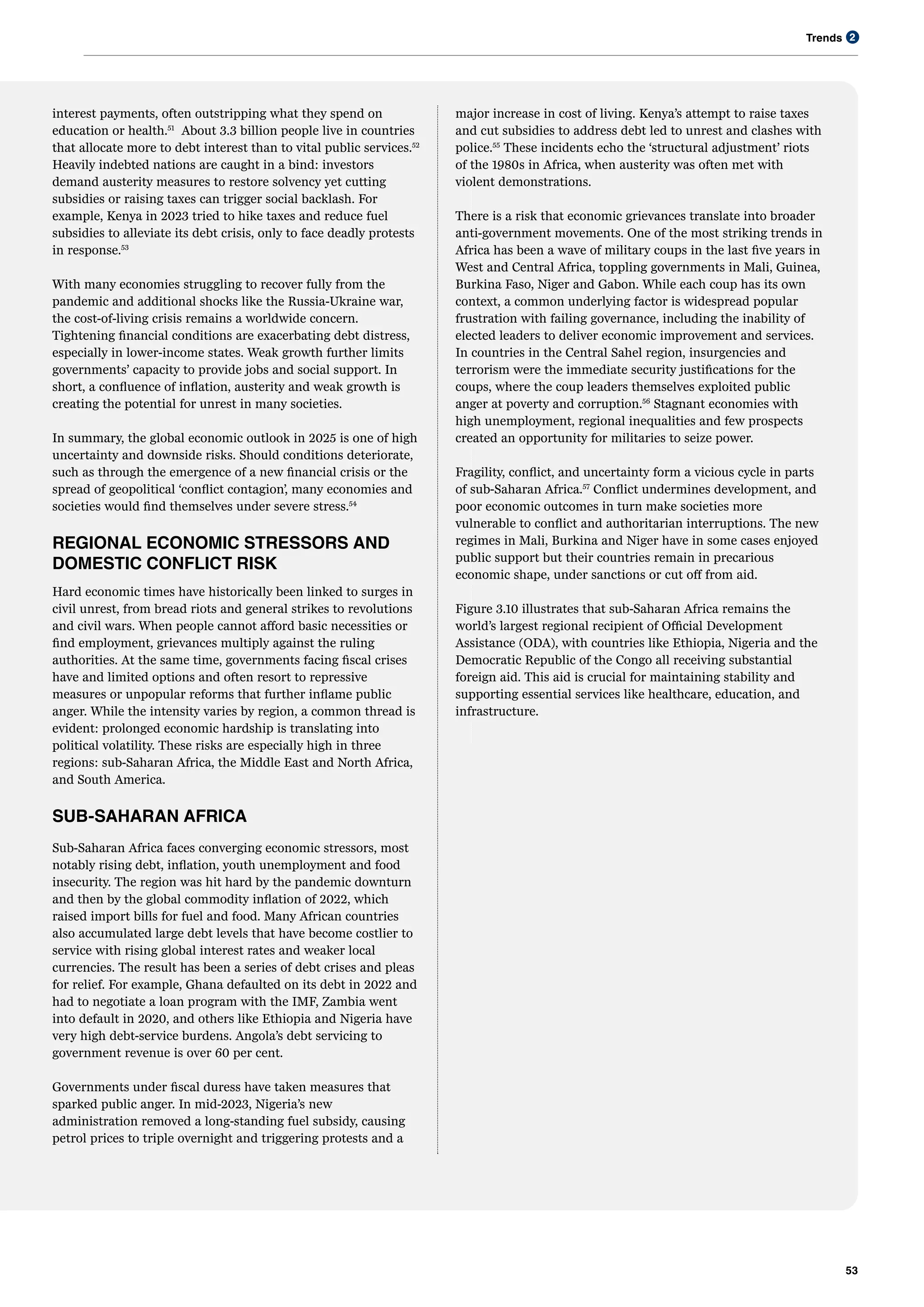 Trends
53
2
interest payments, often outstripping what they spend on
education or health.51
About 3.3 billion people live in countries
that allocate more to debt interest than to vital public services.52
Heavily indebted nations are caught in a bind: investors
demand austerity measures to restore solvency yet cutting
subsidies or raising taxes can trigger social backlash. For
example, Kenya in 2023 tried to hike taxes and reduce fuel
subsidies to alleviate its debt crisis, only to face deadly protests
in response.53
With many economies struggling to recover fully from the
pandemic and additional shocks like the Russia-Ukraine war,
the cost-of-living crisis remains a worldwide concern.
Tightening financial conditions are exacerbating debt distress,
especially in lower-income states. Weak growth further limits
governments’ capacity to provide jobs and social support. In
short, a confluence of inflation, austerity and weak growth is
creating the potential for unrest in many societies.
In summary, the global economic outlook in 2025 is one of high
uncertainty and downside risks. Should conditions deteriorate,
such as through the emergence of a new financial crisis or the
spread of geopolitical ‘conflict contagion’, many economies and
societies would find themselves under severe stress.54
REGIONAL ECONOMIC STRESSORS AND
DOMESTIC CONFLICT RISK
Hard economic times have historically been linked to surges in
civil unrest, from bread riots and general strikes to revolutions
and civil wars. When people cannot afford basic necessities or
find employment, grievances multiply against the ruling
authorities. At the same time, governments facing fiscal crises
have and limited options and often resort to repressive
measures or unpopular reforms that further inflame public
anger. While the intensity varies by region, a common thread is
evident: prolonged economic hardship is translating into
political volatility. These risks are especially high in three
regions: sub-Saharan Africa, the Middle East and North Africa,
and South America.
SUB-SAHARAN AFRICA
Sub-Saharan Africa faces converging economic stressors, most
notably rising debt, inflation, youth unemployment and food
insecurity. The region was hit hard by the pandemic downturn
and then by the global commodity inflation of 2022, which
raised import bills for fuel and food. Many African countries
also accumulated large debt levels that have become costlier to
service with rising global interest rates and weaker local
currencies. The result has been a series of debt crises and pleas
for relief. For example, Ghana defaulted on its debt in 2022 and
had to negotiate a loan program with the IMF, Zambia went
into default in 2020, and others like Ethiopia and Nigeria have
very high debt-service burdens. Angola’s debt servicing to
government revenue is over 60 per cent.
Governments under fiscal duress have taken measures that
sparked public anger. In mid-2023, Nigeria’s new
administration removed a long-standing fuel subsidy, causing
petrol prices to triple overnight and triggering protests and a
major increase in cost of living. Kenya’s attempt to raise taxes
and cut subsidies to address debt led to unrest and clashes with
police.55
These incidents echo the ‘structural adjustment’ riots
of the 1980s in Africa, when austerity was often met with
violent demonstrations.
There is a risk that economic grievances translate into broader
anti-government movements. One of the most striking trends in
Africa has been a wave of military coups in the last five years in
West and Central Africa, toppling governments in Mali, Guinea,
Burkina Faso, Niger and Gabon. While each coup has its own
context, a common underlying factor is widespread popular
frustration with failing governance, including the inability of
elected leaders to deliver economic improvement and services.
In countries in the Central Sahel region, insurgencies and
terrorism were the immediate security justifications for the
coups, where the coup leaders themselves exploited public
anger at poverty and corruption.56
Stagnant economies with
high unemployment, regional inequalities and few prospects
created an opportunity for militaries to seize power.
Fragility, conflict, and uncertainty form a vicious cycle in parts
of sub-Saharan Africa.57
Conflict undermines development, and
poor economic outcomes in turn make societies more
vulnerable to conflict and authoritarian interruptions. The new
regimes in Mali, Burkina and Niger have in some cases enjoyed
public support but their countries remain in precarious
economic shape, under sanctions or cut off from aid.
​
Figure 3.10 illustrates that sub-Saharan Africa remains the
world’s largest regional recipient of Official Development
Assistance (ODA), with countries like Ethiopia, Nigeria and the
Democratic Republic of the Congo all receiving substantial
foreign aid. This aid is crucial for maintaining stability and
supporting essential services like healthcare, education, and
infrastructure.
 