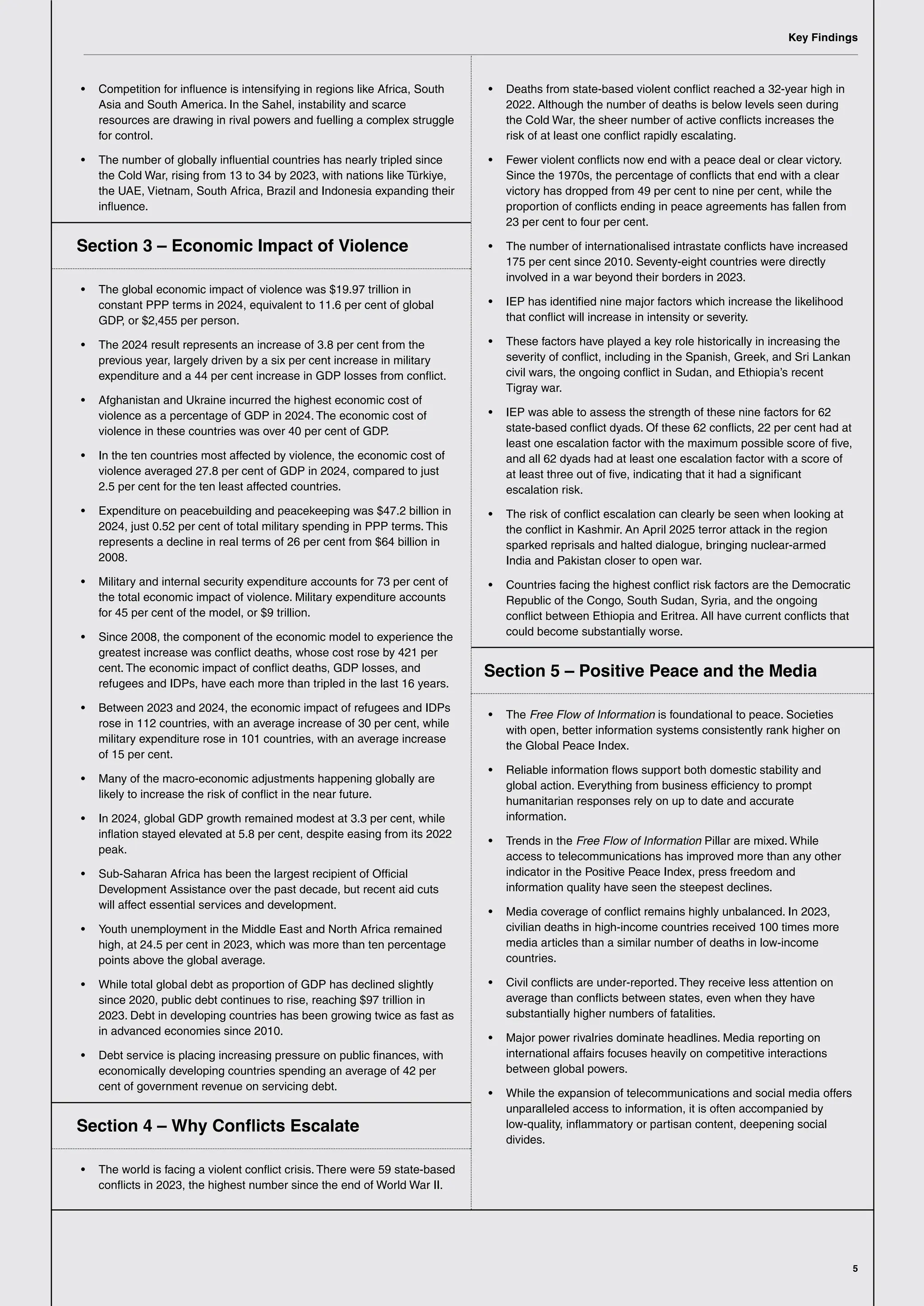 Key Findings
5
• Competition for influence is intensifying in regions like Africa, South
Asia and South America. In the Sahel, instability and scarce
resources are drawing in rival powers and fuelling a complex struggle
for control.
• The number of globally influential countries has nearly tripled since
the Cold War, rising from 13 to 34 by 2023, with nations like Türkiye,
the UAE, Vietnam, South Africa, Brazil and Indonesia expanding their
influence.
Section 3 – Economic Impact of Violence
• The global economic impact of violence was $19.97 trillion in
constant PPP terms in 2024, equivalent to 11.6 per cent of global
GDP, or $2,455 per person.
• The 2024 result represents an increase of 3.8 per cent from the
previous year, largely driven by a six per cent increase in military
expenditure and a 44 per cent increase in GDP losses from conflict.
• Afghanistan and Ukraine incurred the highest economic cost of
violence as a percentage of GDP in 2024. The economic cost of
violence in these countries was over 40 per cent of GDP.
• In the ten countries most affected by violence, the economic cost of
violence averaged 27.8 per cent of GDP in 2024, compared to just
2.5 per cent for the ten least affected countries.
• Expenditure on peacebuilding and peacekeeping was $47.2 billion in
2024, just 0.52 per cent of total military spending in PPP terms. This
represents a decline in real terms of 26 per cent from $64 billion in
2008.
• Military and internal security expenditure accounts for 73 per cent of
the total economic impact of violence. Military expenditure accounts
for 45 per cent of the model, or $9 trillion.
• Since 2008, the component of the economic model to experience the
greatest increase was conflict deaths, whose cost rose by 421 per
cent. The economic impact of conflict deaths, GDP losses, and
refugees and IDPs, have each more than tripled in the last 16 years.
• Between 2023 and 2024, the economic impact of refugees and IDPs
rose in 112 countries, with an average increase of 30 per cent, while
military expenditure rose in 101 countries, with an average increase
of 15 per cent.
• Many of the macro-economic adjustments happening globally are
likely to increase the risk of conflict in the near future.
• In 2024, global GDP growth remained modest at 3.3 per cent, while
inflation stayed elevated at 5.8 per cent, despite easing from its 2022
peak.
• Sub-Saharan Africa has been the largest recipient of Official
Development Assistance over the past decade, but recent aid cuts
will affect essential services and development.
• Youth unemployment in the Middle East and North Africa remained
high, at 24.5 per cent in 2023, which was more than ten percentage
points above the global average.
• While total global debt as proportion of GDP has declined slightly
since 2020, public debt continues to rise, reaching $97 trillion in
2023. Debt in developing countries has been growing twice as fast as
in advanced economies since 2010.
• Debt service is placing increasing pressure on public finances, with
economically developing countries spending an average of 42 per
cent of government revenue on servicing debt.
Section 4 – Why Conflicts Escalate
• The world is facing a violent conflict crisis. There were 59 state-based
conflicts in 2023, the highest number since the end of World War II.
• Deaths from state-based violent conflict reached a 32-year high in
2022. Although the number of deaths is below levels seen during
the Cold War, the sheer number of active conflicts increases the
risk of at least one conflict rapidly escalating.
• Fewer violent conflicts now end with a peace deal or clear victory.
Since the 1970s, the percentage of conflicts that end with a clear
victory has dropped from 49 per cent to nine per cent, while the
proportion of conflicts ending in peace agreements has fallen from
23 per cent to four per cent.
• The number of internationalised intrastate conflicts have increased
175 per cent since 2010. Seventy-eight countries were directly
involved in a war beyond their borders in 2023.
• IEP has identified nine major factors which increase the likelihood
that conflict will increase in intensity or severity.
• These factors have played a key role historically in increasing the
severity of conflict, including in the Spanish, Greek, and Sri Lankan
civil wars, the ongoing conflict in Sudan, and Ethiopia’s recent
Tigray war.
• IEP was able to assess the strength of these nine factors for 62
state-based conflict dyads. Of these 62 conflicts, 22 per cent had at
least one escalation factor with the maximum possible score of five,
and all 62 dyads had at least one escalation factor with a score of
at least three out of five, indicating that it had a significant
escalation risk.
• The risk of conflict escalation can clearly be seen when looking at
the conflict in Kashmir. An April 2025 terror attack in the region
sparked reprisals and halted dialogue, bringing nuclear-armed
India and Pakistan closer to open war.
• Countries facing the highest conflict risk factors are the Democratic
Republic of the Congo, South Sudan, Syria, and the ongoing
conflict between Ethiopia and Eritrea. All have current conflicts that
could become substantially worse.
Section 5 – Positive Peace and the Media
• The Free Flow of Information is foundational to peace. Societies
with open, better information systems consistently rank higher on
the Global Peace Index.
• Reliable information flows support both domestic stability and
global action. Everything from business efficiency to prompt
humanitarian responses rely on up to date and accurate
information.
• Trends in the Free Flow of Information Pillar are mixed. While
access to telecommunications has improved more than any other
indicator in the Positive Peace Index, press freedom and
information quality have seen the steepest declines.
• Media coverage of conflict remains highly unbalanced. In 2023,
civilian deaths in high-income countries received 100 times more
media articles than a similar number of deaths in low-income
countries.
• Civil conflicts are under-reported. They receive less attention on
average than conflicts between states, even when they have
substantially higher numbers of fatalities.
• Major power rivalries dominate headlines. Media reporting on
international affairs focuses heavily on competitive interactions
between global powers.
• While the expansion of telecommunications and social media offers
unparalleled access to information, it is often accompanied by
low-quality, inflammatory or partisan content, deepening social
divides.
 