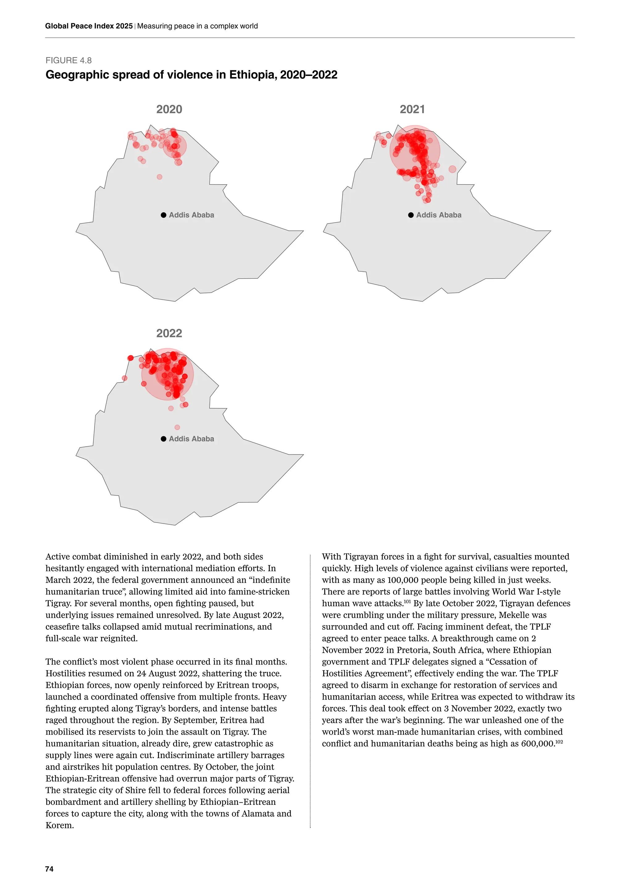 74
Global Peace Index 2025 | Measuring peace in a complex world
With Tigrayan forces in a fight for survival, casualties mounted
quickly. High levels of violence against civilians were reported,
with as many as 100,000 people being killed in just weeks.
There are reports of large battles involving World War I-style
human wave attacks.101
By late October 2022, Tigrayan defences
were crumbling under the military pressure, Mekelle was
surrounded and cut off. Facing imminent defeat, the TPLF
agreed to enter peace talks. A breakthrough came on 2
November 2022 in Pretoria, South Africa, where Ethiopian
government and TPLF delegates signed a “Cessation of
Hostilities Agreement”, effectively ending the war. The TPLF
agreed to disarm in exchange for restoration of services and
humanitarian access, while Eritrea was expected to withdraw its
forces. This deal took effect on 3 November 2022, exactly two
years after the war’s beginning. The war unleashed one of the
world’s worst man-made humanitarian crises, with combined
conflict and humanitarian deaths being as high as 600,000.102
FIGURE 4.8
Geographic spread of violence in Ethiopia, 2020–2022
Addis Ababa Addis Ababa
Addis Ababa
2020 2021
2022
Active combat diminished in early 2022, and both sides
hesitantly engaged with international mediation efforts. In
March 2022, the federal government announced an “indefinite
humanitarian truce”, allowing limited aid into famine-stricken
Tigray. For several months, open fighting paused, but
underlying issues remained unresolved. By late August 2022,
ceasefire talks collapsed amid mutual recriminations, and
full-scale war reignited.
The conflict’s most violent phase occurred in its final months.
Hostilities resumed on 24 August 2022, shattering the truce.
Ethiopian forces, now openly reinforced by Eritrean troops,
launched a coordinated offensive from multiple fronts. Heavy
fighting erupted along Tigray’s borders, and intense battles
raged throughout the region. By September, Eritrea had
mobilised its reservists to join the assault on Tigray. The
humanitarian situation, already dire, grew catastrophic as
supply lines were again cut. Indiscriminate artillery barrages
and airstrikes hit population centres. By October, the joint
Ethiopian-Eritrean offensive had overrun major parts of Tigray.
The strategic city of Shire fell to federal forces following aerial
bombardment and artillery shelling by Ethiopian–Eritrean
forces to capture the city, along with the towns of Alamata and
Korem.
 