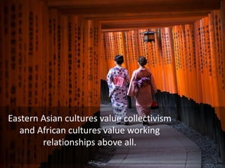 Eastern Asian cultures value collectivism
and African cultures value working
relationships above all.
 