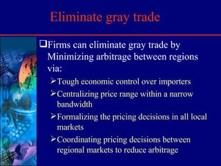 Eliminate gray trade Firms can eliminate gray trade by Minimizing arbitrage between regions via: Tough economic control over importers Centralizing price range within a narrow bandwidth Formalizing the pricing decisions in all local markets Coordinating pricing decisions between regional markets to reduce arbitrage 