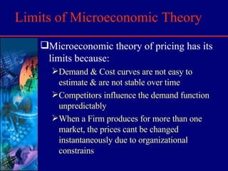 Limits of Microeconomic Theory Microeconomic theory of pricing has its limits because: Demand & Cost curves are not easy to  estimate & are not stable over time Competitors influence the demand function unpredictably When a Firm produces for more than one market, the prices cant be changed instantaneously due to organizational constrains 