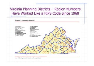 Virginia Planning Districts – Region Numbers
 Have Worked Like a FIPS Code Since 1968
 