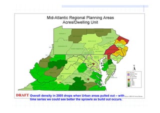 Overall density in 2005 drops when Urban areas pulled out – with
time series we could see better the sprawls as build out occurs.
 