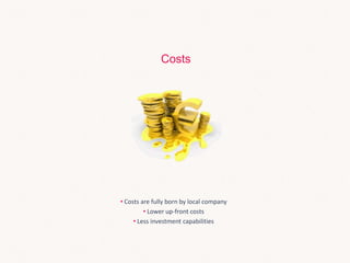 • Costs are fully born by local company
• Lower up-front costs
• Less investment capabilities
Costs
 