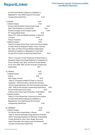 Find Industry reports, Company profiles
ReportLinker                                                                                     and Market Statistics


       for Solar Panels Market Analyzed by Installations in
       Megawatts for Years 2006 through 2015 (includes
       corresponding Graph/Chart)                              III-43


 3. EUROPE                                            III-44
     A.Market Analysis                                 III-44
       Europe Leads the Market in Solar Energy Usage                          III-44
       Solar Thermal Market on a Growth Path                           III-44
       Germany Emerges as the European Leader                             III-45
       PV: Gaining Market Share                               III-45
       Status of PV Tariffs and Related Subsidies in Select EU
        Countries                                  III-46
       Product Innovations                              III-48
     B.Market Analytics                                III-50
       Table 20: European Recent Past, Current and Future Analysis
       for Solar Panels by Geographic Region- France, Germany,
       Italy, Spain, and Rest of Europe Markets Independently
       Analyzed by Installations in Megawatts for Years 2006
       through 2015 (includes corresponding Graph/Chart)                      III-50


       Table 21: European 10-Year Perspective for Solar Panels by
       Geographic Region-Percentage Breakdown of Installations for
       France, Germany, Italy, Spain, and Rest of Europe Markets
       for the Years 2006, 2009, and 2015 (includes corresponding
       Graph/Chart)                                  III-51


 3a. FRANCE                                           III-52
     A.Market Analysis                                 III-52
       Outlook                                     III-52
       Solar Usage in France                                III-52
        Table 22: Cumulative Installed PV Power in France by
        Application - Off-Grid Domestic, Off-Grid Non-Domestic,
        Grid-Connected Distributed, and Grid-Connected Centralized:
        2002 - 2005 (In kW) (includes corresponding Graph/Chart)                 III-52
       Governmental Support and Funding                              III-53
       A Glance at the French Solar Photovoltaic Power Market                   III-53
     B.Market Analytics                                III-54
       Table 23: French Recent Past, Current and Future Analysis
       for Solar Panels Market Analyzed by Installations in
       Megawatts for Years 2006 through 2015 (includes
       corresponding Graph/Chart)                              III-54


 3b. GERMANY                                            III-55
     A.Market Analysis                                 III-55
       The German Solar Energy Market: A Review                           III-55
        Table 24: German Renewable Energy Electricity Production
        (2007): Percentage Breakdown of Distribution of Renewable
        Energy Electricity for Wind, Hydro, Biogas, Bio energy
        Solid, Photovoltaics, Bio energy Liquid and Geothermal
        (includes corresponding Graph/Chart)                         III-56


Global Solar Panels industry                                                                                                Page 10/18
 
