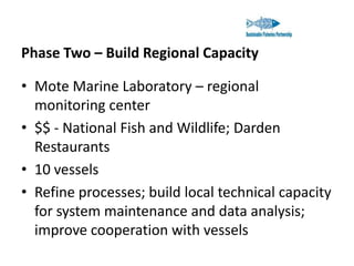 Phase Two – Build Regional Capacity

• Mote Marine Laboratory – regional
monitoring center
• $$ - National Fish and Wildlife; Darden
Restaurants
• 10 vessels
• Refine processes; build local technical capacity
for system maintenance and data analysis;
improve cooperation with vessels

 